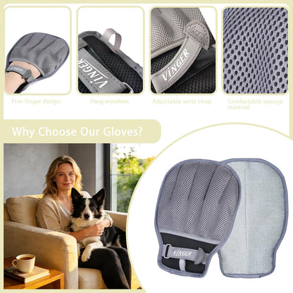 VINGER Pet Hair Removal Glove for Cats & Dogs, Electrostatic Pet Hair Gloves with Adjustable Wristband, Five-Finger Magic Brush Remover Tool for Laundry, Carpet, Couch, Car Seats & Clothing (Grey)