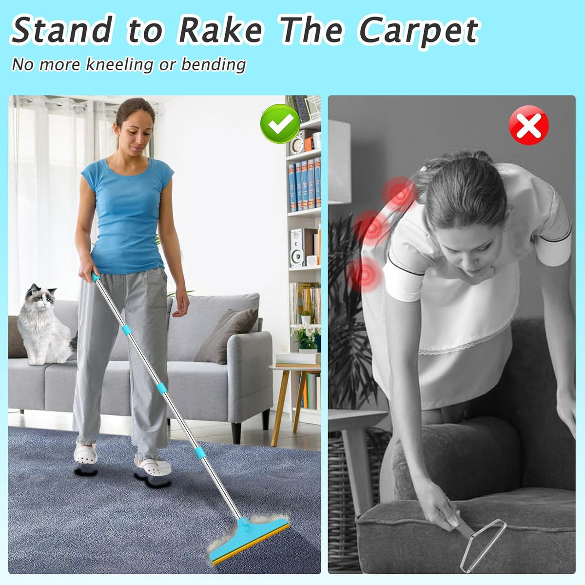 Carpet Rake for Pet Hair Removal Tool, Dog Cat Hair Remover for Furniture