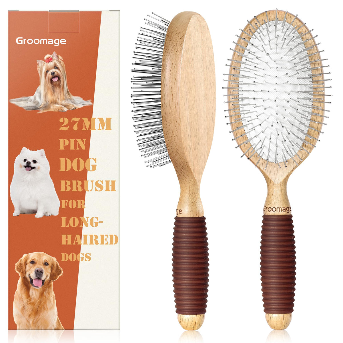 Dog Brush for Long Haired Dogs, 27mm Extra Long Pin Brush for Grooming, Shedding - Beech Wood Material, Non-Slip Rubber Handle, Round-Tipped Pins