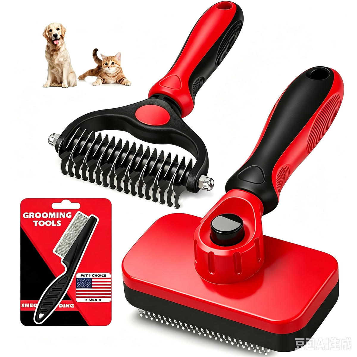 Professional 3PCS Self Cleaning Slicker Brush & Pet Grooming Rake & Flea Comb for Dogs,Cats and Horses | Double-Sided Dematting Comb & Skin Friendly Deshedding Grooming Tool | Pet Supplies (Blue)