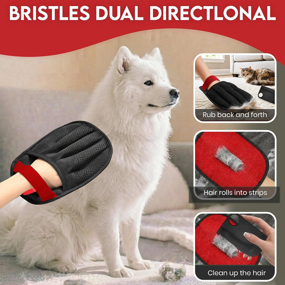 Pet Hair Remover Glove with Silicone Scraper – Reusable Electrostatic Lint & Fur Remover for Dog & Cat Hair on Couch, Carpet, Car Seat, Clothes & Laundry