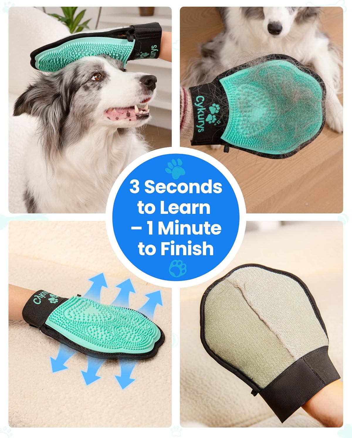 Pet Hair Removal Glove for Dogs & Cats, Double-Sided Grooming Glove