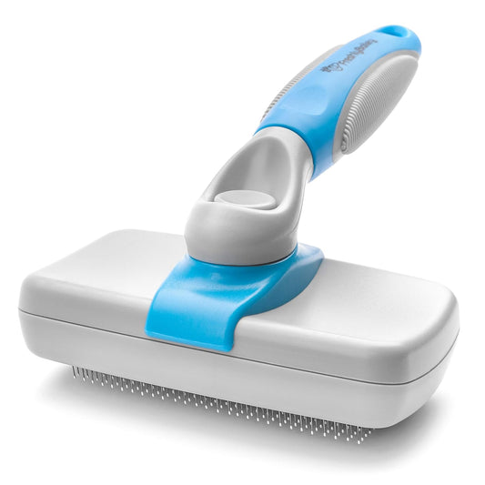 Freshly Bailey Self Cleaning Slicker Brush for Dogs and Cats - Hair Brush for Medium to Long-haired Pets - Effective, Comfortable, and Easy to Clean - White and Blue