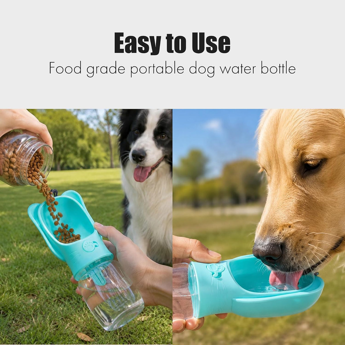 2 in 1 Dog Water Bottle with Food Container, Portable Leakproof Pet Water Dispenser & Bowl, Fits Dogs and Cats (Blue, Small)