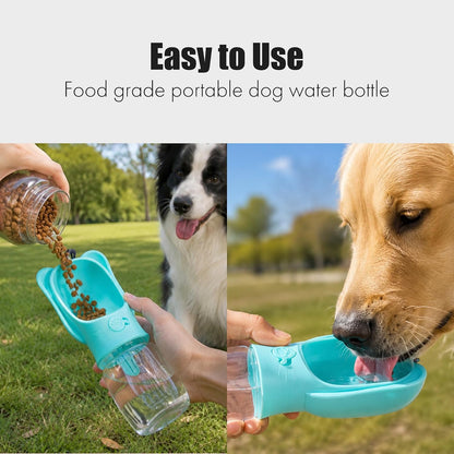 2 in 1 Dog Water Bottle with Food Container, Portable Leakproof Pet Water Dispenser & Bowl, Fits Dogs and Cats (Blue, Small)
