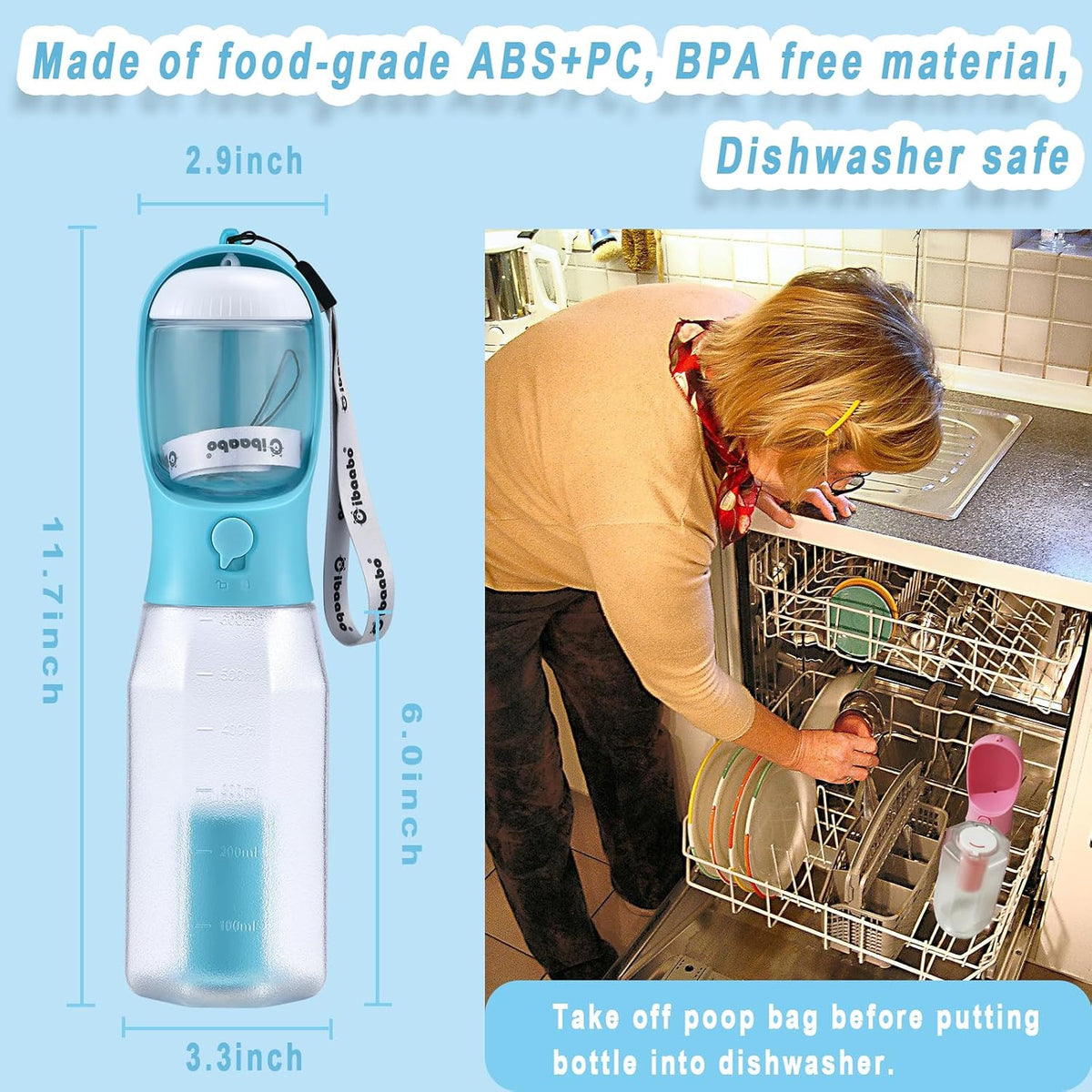 Cibaabo Dog Water Bottle with Food Container & Poop Bag Holder & Filter