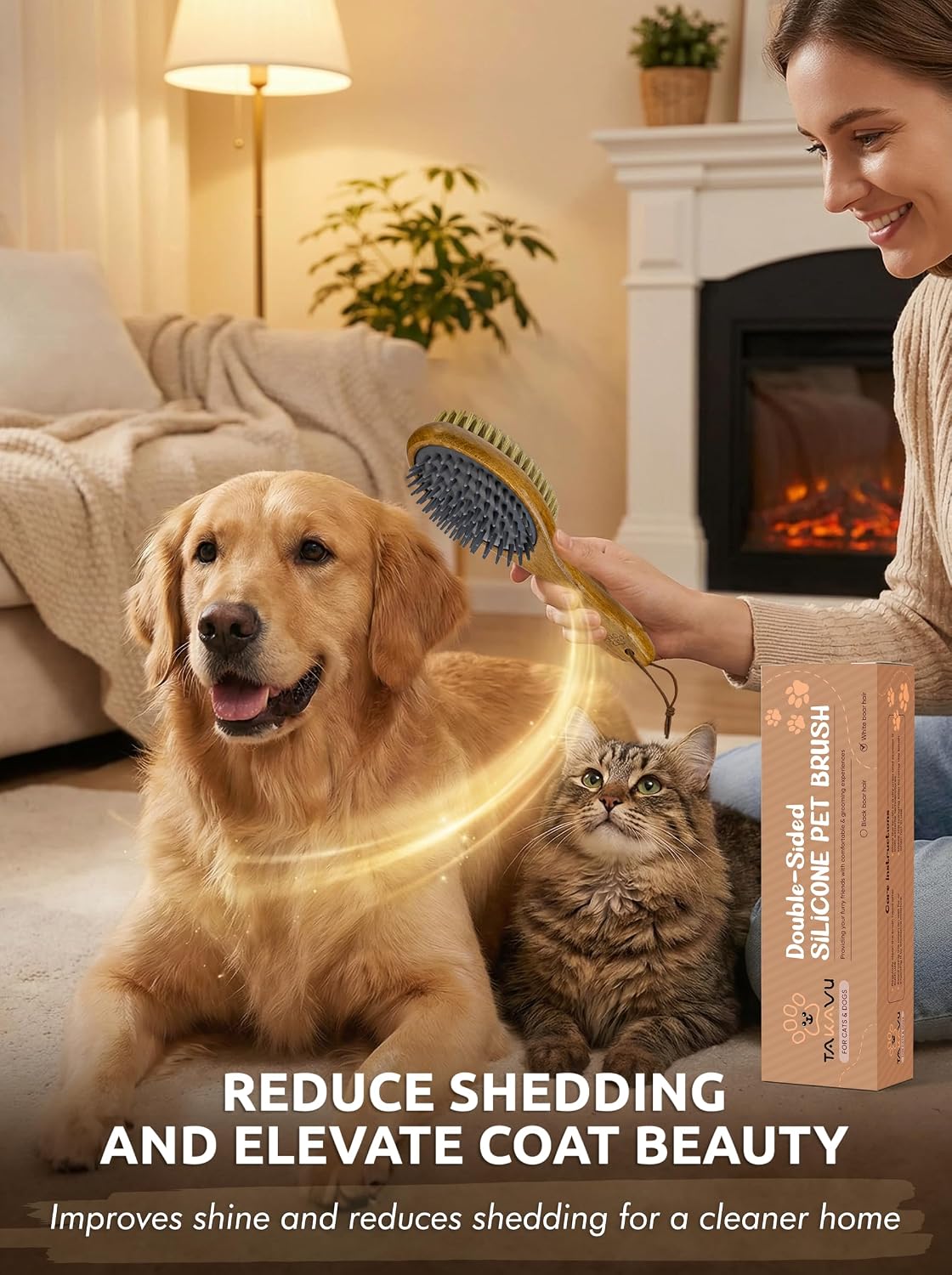 TAKAVU Short Hair Dog & Cat Deshedding Brush, Double-Sided Silicone Bristle