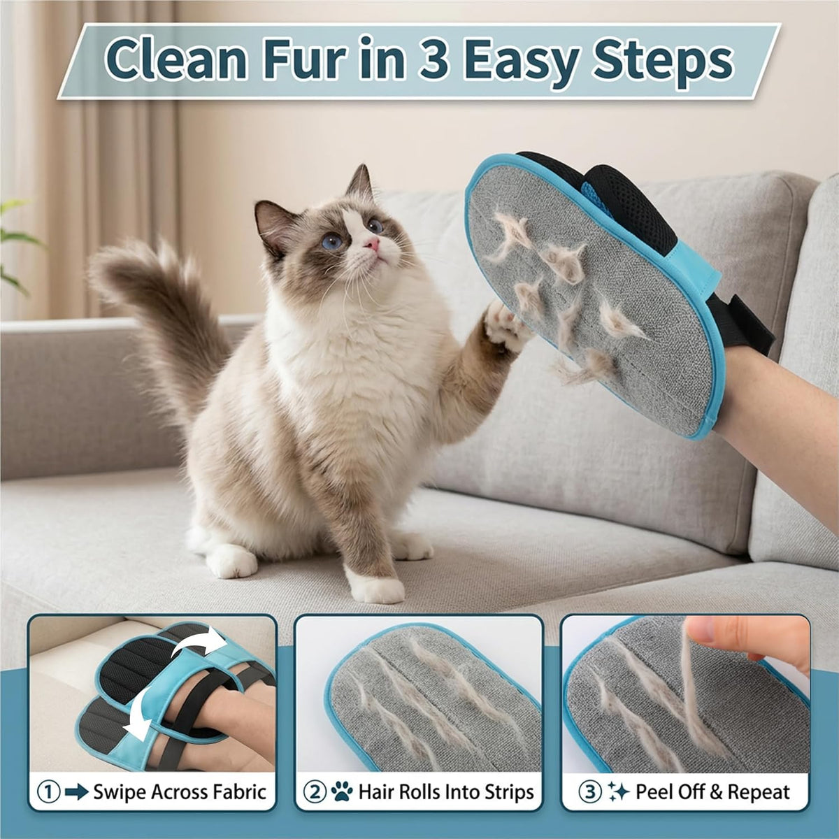 Pet Hair Removal Glove for Dogs & Cats, Upgraded 5‑Finger Electrostatic Reusable Lint Remover for Couch, Bed, Carpet, Car Seat, Clothes & Household Fabric Surfaces