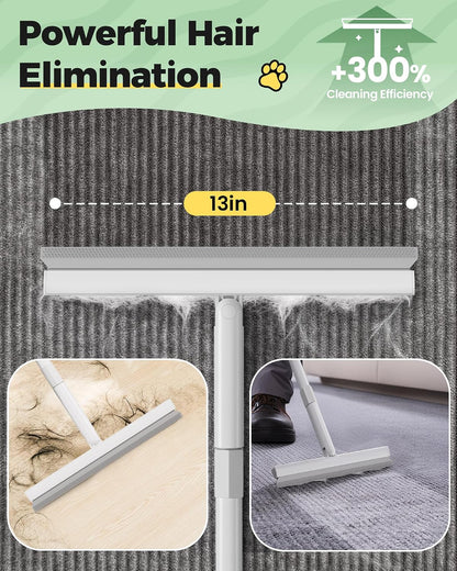 Carpet Rake for Pet Hair Removal Tool - 4 in 1 Pet Hair Remover Kit for Dog Cat Fur Remover, Contain 60" Adjustable Rubber Broom, Glove, Magic Brush and Scraper for Furniture,Short Pile Carpets, Mats