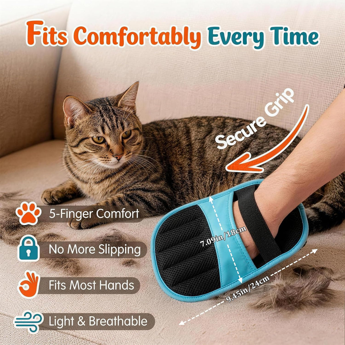 Pet Hair Removal Glove for Dogs & Cats, Upgraded 5‑Finger Electrostatic Reusable Lint Remover for Couch, Bed, Carpet, Car Seat, Clothes & Household Fabric Surfaces
