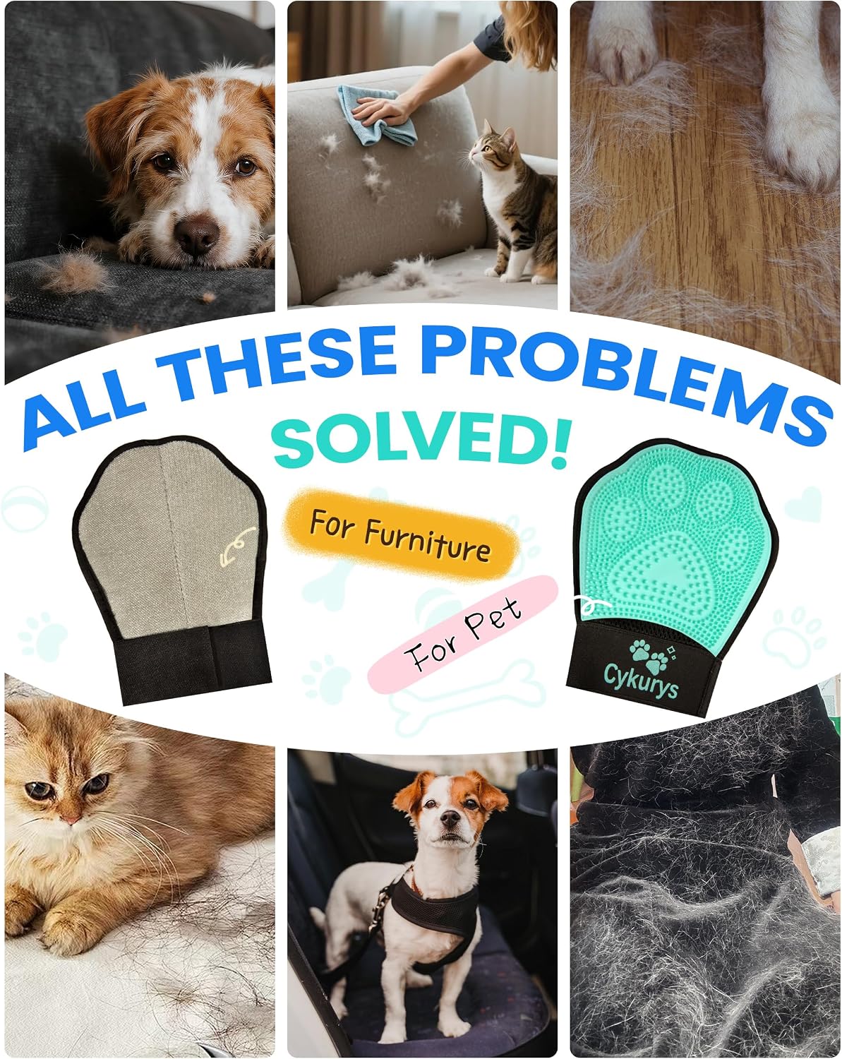 Pet Hair Removal Glove for Dogs & Cats, Double-Sided Grooming Glove